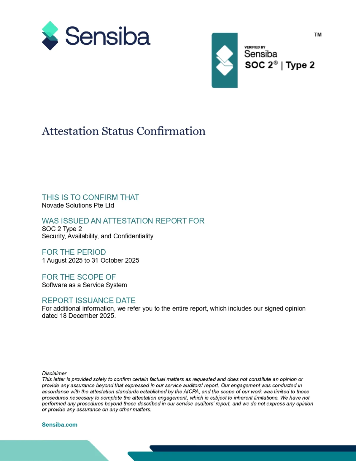 Novade SOC 2 Type 2 2025 Attestation Confirmation